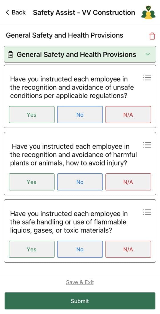 Safety Assist mobile app — safety inspection form